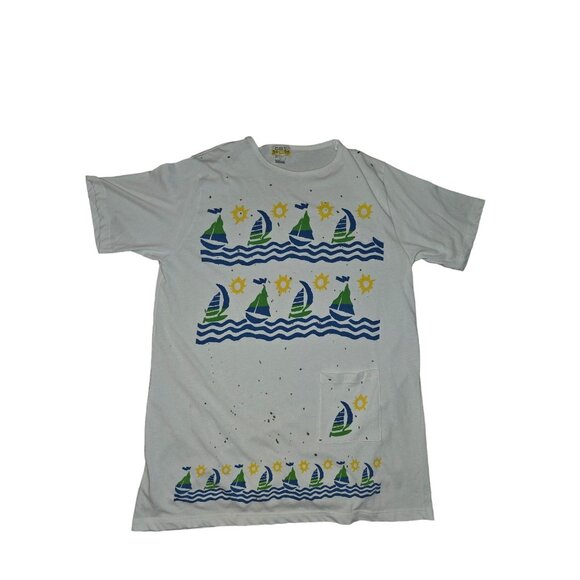 Vintage 90s C.S.T. Sport White Graphic Tee/Coverup With Sailboat & Sun Print - Picture 1 of 5